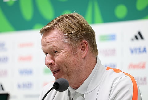 Netherlands head coach Ronald Koeman responds to a question during a news conference on the day before the World Cup round of 32 soccer match between the Netherlands and Morocco in Guadalupe, near Monterrey, Mexico.