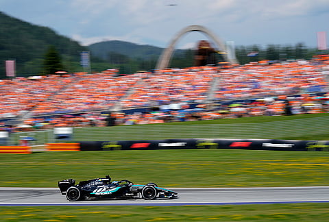 Mercedes driver George Russell of Britain steers his car during the Austrian F1 Grand Prix, in Spielberg, Austria, Sunday, June 28, 2026.
