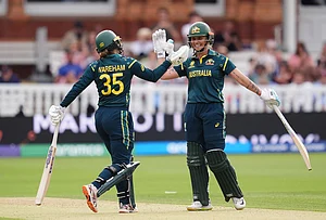 | Photo: Adam Davy/PA via AP : Australia's Georgia Wareham and Ashleigh Gardner celebrate the winning runs as they beat India during the Women's T20 World Cup cricket match between Bangladesh and South Africa at Lord's Cricket Ground, in London, Sunday June 28, 2026.
