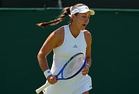 | Photo: AP/Kirsty Wigglesworth : Jessica Pegula of the United States celebrates winning her first set during the women's singles match at the Wimbledon Tennis Championships in London, Monday, June 29, 2026.