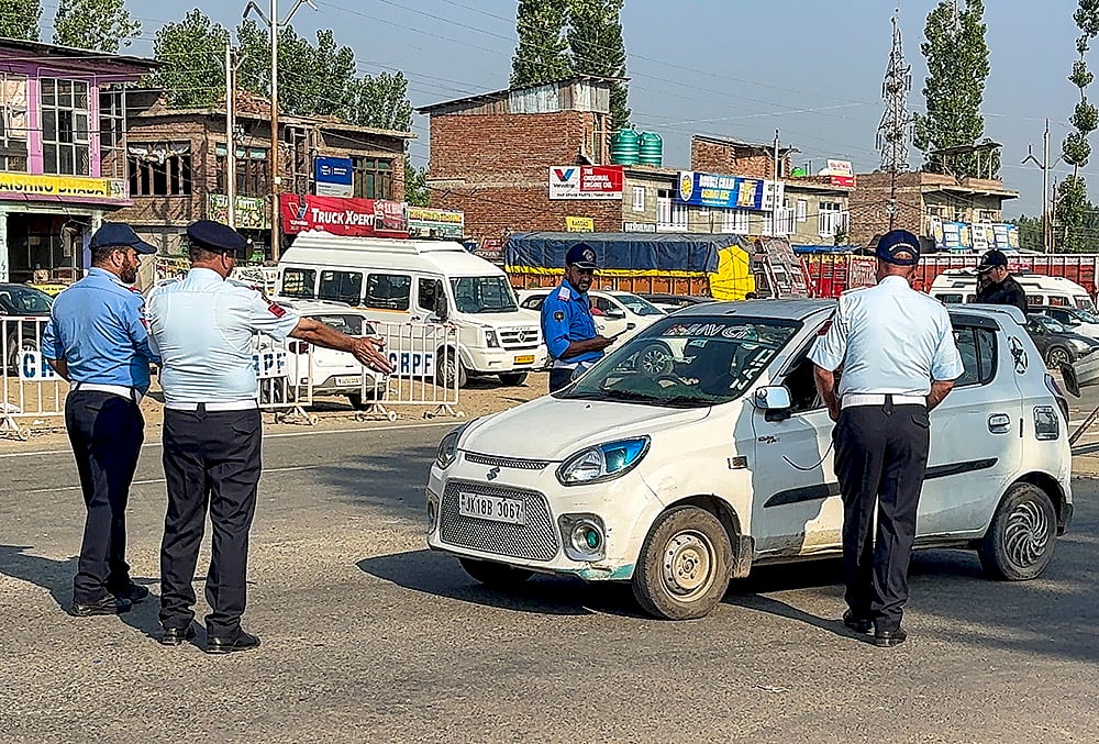 Security heightened amid a dry run conducted for the annual Amarnath Yatra, on NH 44, in Anantnag, Jammu and Kashmir. - | Photo: PTI