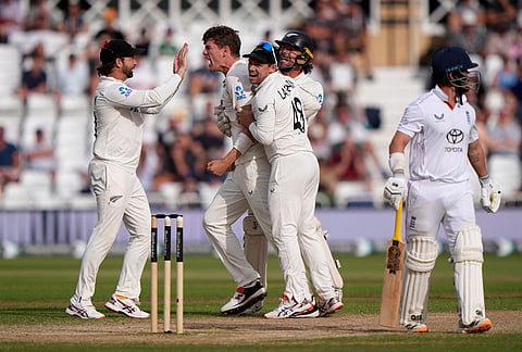 New Zealand's Ben Sears celebrates the wicket of England's Ben Duckett on day four of the Third cricket Test between England and New Zealand in Nottingham, England, Sunday, June 28, 2026. 