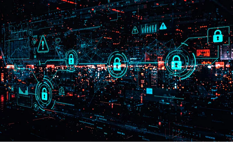 Cybersecurity data network display with digital padlocks