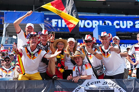 Germany supporters cheer before the World Cup round of 32 soccer match between Germany and Paraguay in Foxborough