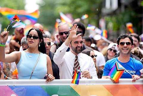 New York Mayor Zohran Mamdani, center, walks in the 57th annual NYC Pride March on Sunday, June 28, 2026, in New York. 