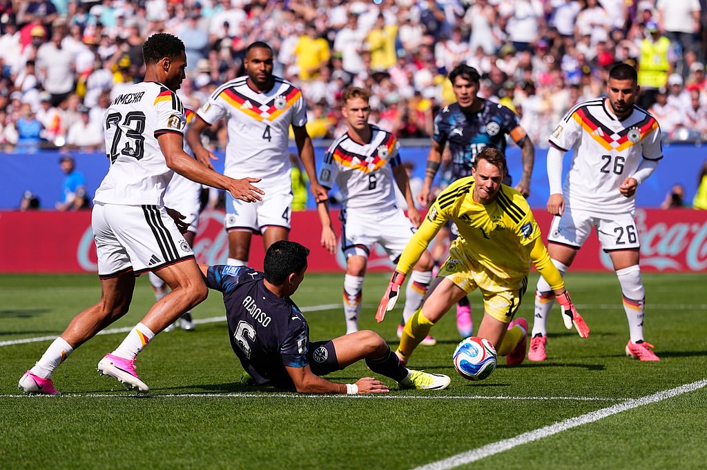 Paraguays Junior Alonso (6) fails to score during the World Cup round of 32 soccer match between Germany and Paraguay in Foxborough