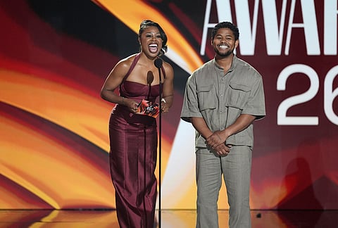 Gail Bean, left, and Isaiah John speak during the BET Awards on Sunday, June 28, 2026, at the Peacock Theater in Los Angeles. 