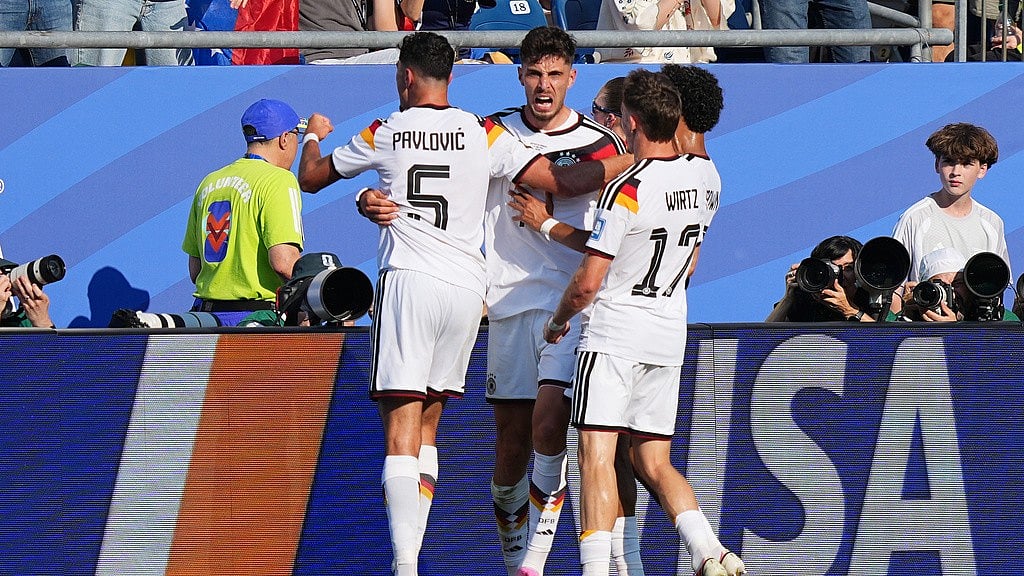 Germany's Kai Havertz (7) celebrates after scoring his side's opening goal during the World Cup round of 32 soccer match between Germany and Paraguay in Foxborough. - Martin Meissner/AP Photo