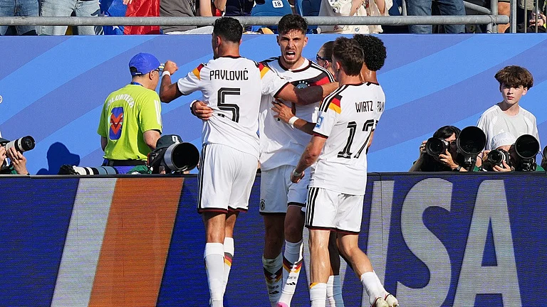 Germany's Kai Havertz (7) celebrates after scoring his side's opening goal during the World Cup round of 32 soccer match between Germany and Paraguay in Foxborough. - Martin Meissner/AP Photo