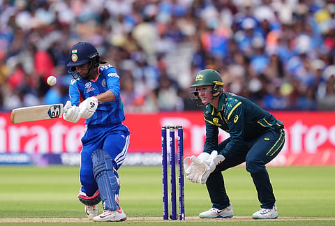 India's Jemimah Rodrigues hits a six during the Women's T20 World Cup cricket match between Bangladesh and South Africa at Lord's Cricket Ground, in London, Sunday June 28, 2026. 