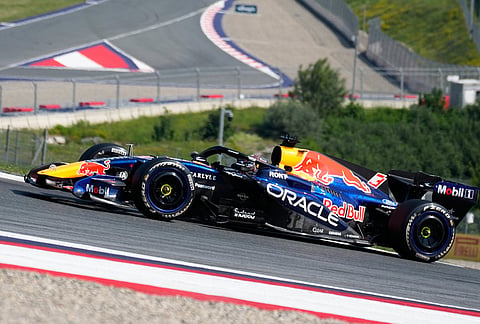 Red Bull driver Max Verstappen of the Netherlands steers his car during the Austrian F1 Grand Prix, in Spielberg, Austria, Sunday, June 28, 2026. 