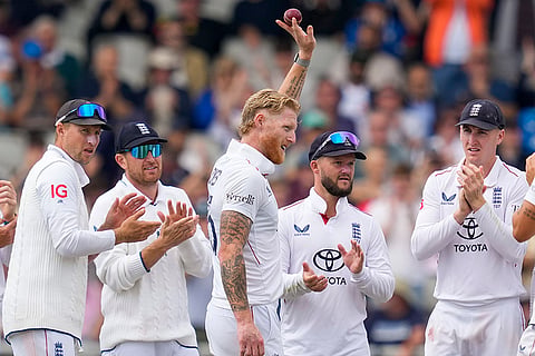 England captain Ben Stokes will retire from international cricket after the third test against New Zealand confirmed on Sunday, June 28, 2026. Stokes is seen during the second day of the fourth Test match between India and England, in Manchester, in this file photo dated Thursday, July 24, 2025.