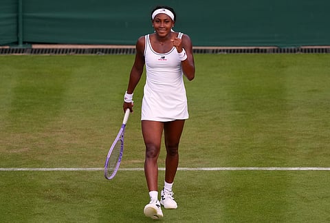 Coco Gauff of the United States celebrates after winning the women's singles match against Tamara Korpatsch of Germany at the Wimbledon Tennis Championships in London, Monday, June 29, 2026.