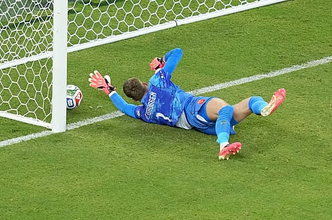 Netherlands goalkeeper Bart Verbruggen (1) allows a goal during a penalty shootout at the end of the World Cup round of 32 soccer match between the Netherlands and Morocco in Guadalupe, near Monterrey, Mexico, Monday, June 29, 2026.