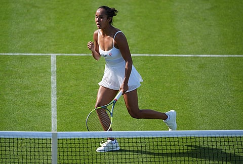 Leylah Fernandez of Canada celebrates a point against Janice Tjen of Indonesia in their first round women's singles match at the Wimbledon Tennis Championships in London, Monday, June 29, 2026. 