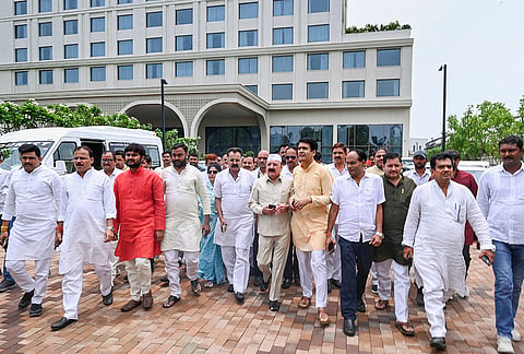 Congress delegation, including party MP Kishori Lal Sharma and MLC Deepak Singh, present at the premises of the hotel after they were placed under house arrest ahead of their proposed visit to offer prayers at the Ram Temple amid the ongoing controversy over alleged embezzlement of temple funds, in Ayodhya, Uttar Pradesh.