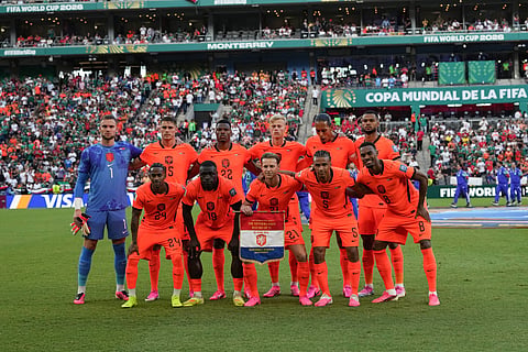 Netherlands starting eleven pose for a team photo before the World Cup round of 32 soccer match between the Netherlands and Morocco in Guadalupe, near Monterrey, Mexico, Monday, June 29, 2026. 