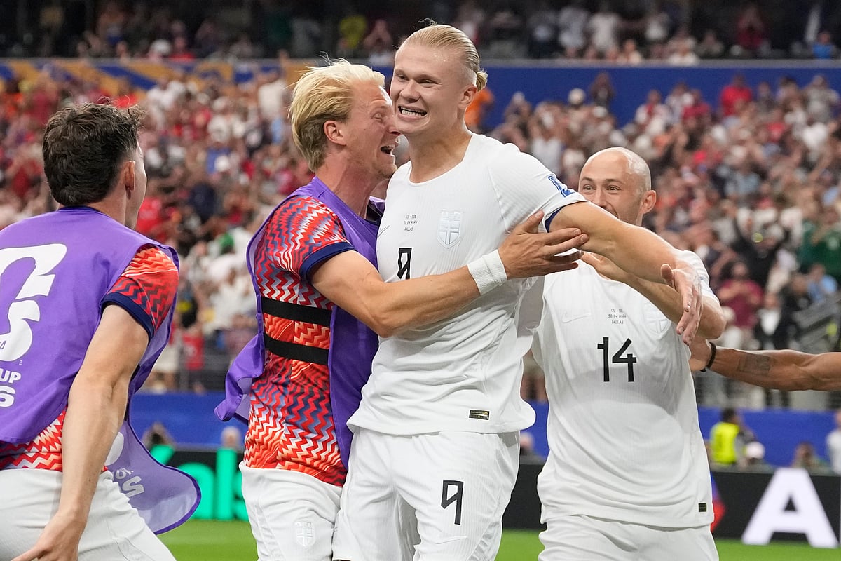 Norway's Erling Haaland (9) celebrates after scoring his side's second goal during the World Cup round of 32 soccer match - AP