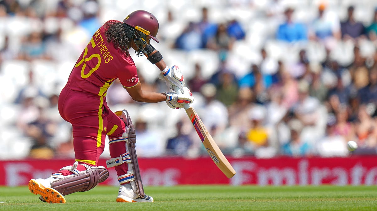West Indies' captain Hayley Matthews hits a boundary during the Women's T20 Cricket World Cup semifinal between Australia and West Indies in London, Tuesday, June 30, 2026 - (AP Photo/Alastair Grant)