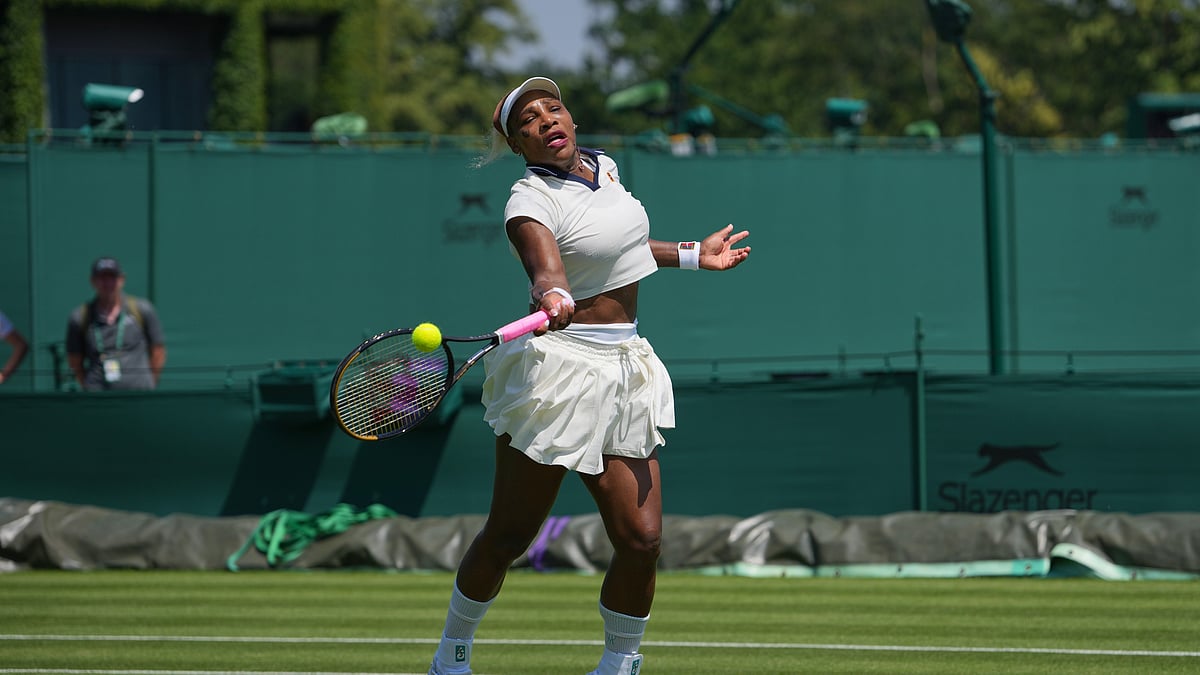 Serena Williams of the United States plays a return during a practice session ahead of the Wimbledon Tennis Championships, in London, Wednesday, June 24, 2026. - (AP Photo/Kin Cheung)
