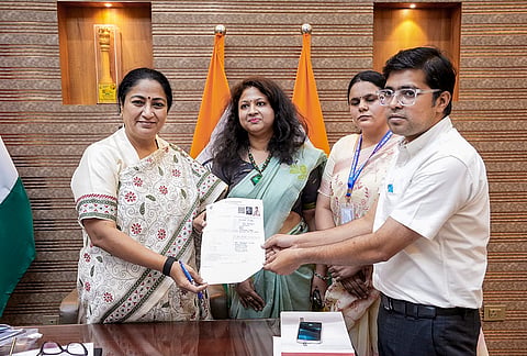 Delhi Chief Minister Rekha Gupta submits the Enumeration Form for herself and her family under the Special Intensive Revision (SIR) of the electoral rolls, in New Delhi. 