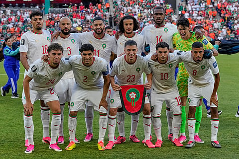 Morocco pose for a team photo ahead of the World Cup round of 32 soccer match between the Netherlands and Morocco in Guadalupe, near Monterrey, Mexico, Monday, June 29, 2026.
