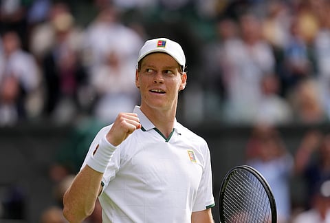 Jannik Sinner of Italy celebrates winning the men's singles match against Miomir Kecmanovic of Serbia during at the Wimbledon Tennis Championships in London, Monday, June 29, 2026.
