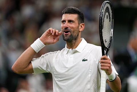 Novak Djokovic of Serbia celebrates winning the men's singles match against Yibing Wu of China at the Wimbledon Tennis Championships in London, Monday, June 29, 2026.