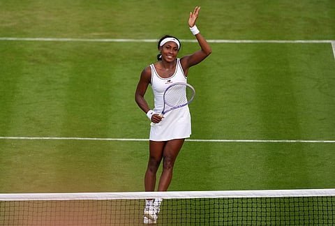 Coco Gauff of the United States celebrates after winning the women's singles match against Tamara Korpatsch of Germany at the Wimbledon Tennis Championships in London, Monday, June 29, 2026.