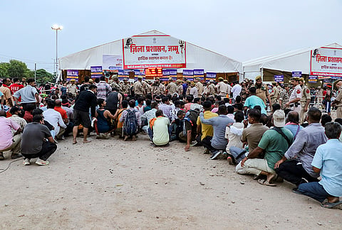 Pilgrims gather to register ahead of the annual Shri Amarnath Yatra, in Jammu, Jammu and Kashmir.