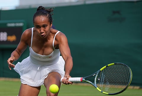 Leylah Fernandez of Canada returns the ball to Janice Tjen of Indonesia in their first round women's singles match at the Wimbledon Tennis Championships in London, Monday, June 29, 2026.