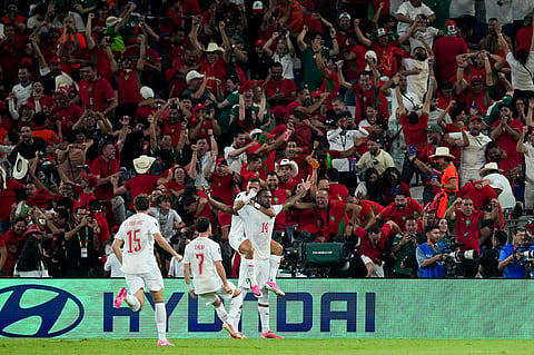 Morocco's Issa Diop (14) celebrates his side's first goal with teammates during the World Cup round of 32 soccer match between the Netherlands and Morocco in Guadalupe, near Monterrey, Mexico, Monday, June 29, 2026.