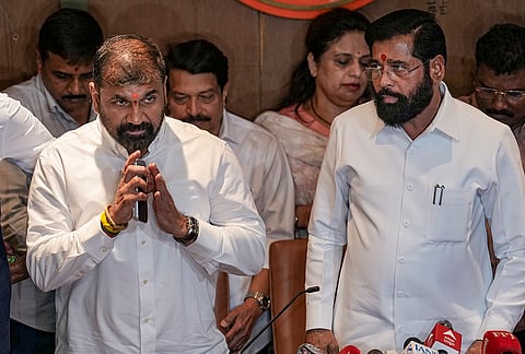 Maharashtra Deputy Chief Minister Eknath Shinde with Shiv Sena leader Sachin Ahir during a press conference after Ahir filed his nomination for the post of Deputy Chairman of the Maharashtra Legislative Council, following his induction into the Eknath Shinde-led Shiv Sena, in Mumbai.