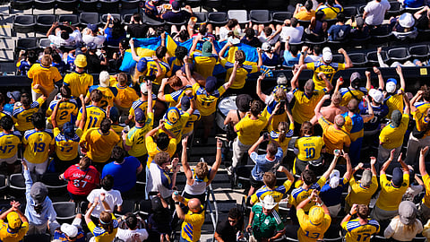 Swedish fans cheer before the World Cup round of 32 soccer match between France and Sweden