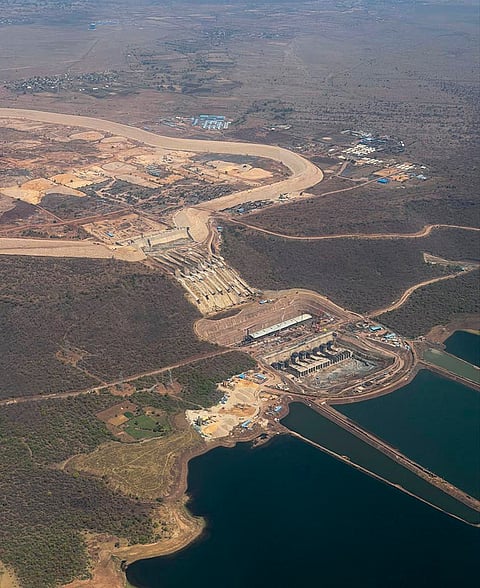An aerial view of the 1,920 MW Gandhi Sagar pumped storage project during the visit of UnionMinister Pralhad Joshi, unseen, and Madhya Pradesh Chief Minister Mohan Yadav, unseen, in Mandsaur district, Madhya Pradesh.