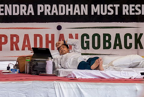 Activist Sonam Wangchuk during an indefinite hunger strike at the Jantar Mantar protest by the Cockroach Janata Party (CJP) to press for Union Education Minister Dharmendra Pradh's resignation over alleged examination irregularities, in New Delhi.