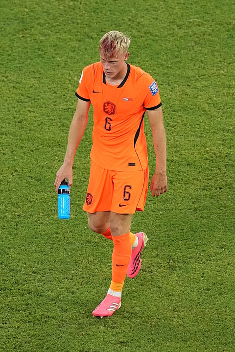 Netherlands' Jan Paul van Hecke (6) walks on the pitch after an injury during the World Cup round of 32 soccer match between the Netherlands and Morocco in Guadalupe, near Monterrey, Mexico, Monday, June 29, 2026.