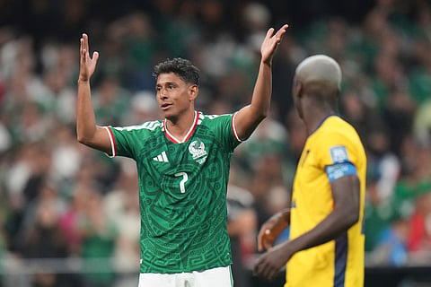 Mexico's Luis Romo (7) reacts during the World Cup round of 32 soccer match between Mexico and Ecuador in Mexico City, Tuesday, June 30, 2026.