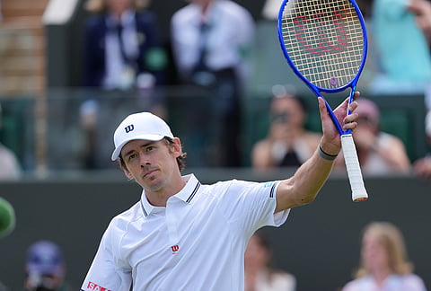 Alex de Minaur of Australia reacts after the men's singles match against Roman Andres Burruchaga of Argentina at the Wimbledon Tennis Championships in London, Tuesday, June 30, 2026.