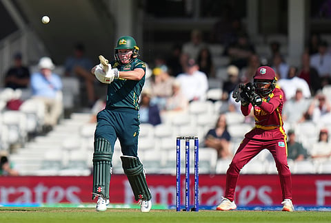 Australia's Beth Mooney plays a shot during the Women's T20 Cricket World Cup semifinal between Australia and West Indies in London, Tuesday, June 30, 2026. 