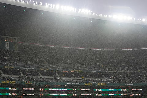 Rain falls as fans wait for the start of the World Cup round of 32 soccer match between Mexico and Ecuador in Mexico City, Tuesday, June 30, 2026.