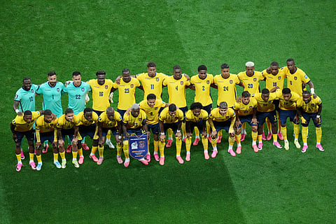 Ecuador players pose before the World Cup round of 32 soccer match between Mexico and Ecuador in Mexico City, Tuesday, June 30, 2026.