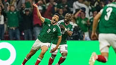 Mexico's Raul Jimenez (9) celebrates with teammate Julian Quinones (16) after scoring his team's second goal during the World Cup round of 32 soccer match between Mexico and Ecuador in Mexico City, Tuesday, June 30, 2026. (AP Photo/Natacha Pisarenko) - AP Photo/Natacha Pisarenko