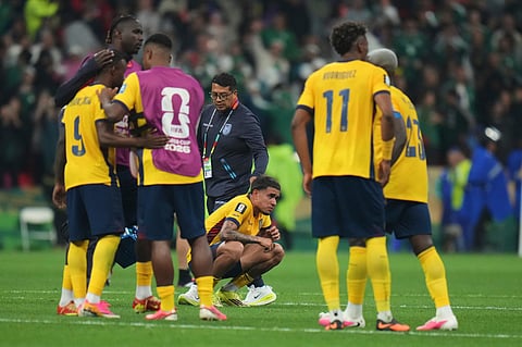 Ecuador players react at the end of the World Cup round of 32 soccer match between Mexico and Ecuador in Mexico City, Tuesday, June 30, 2026.