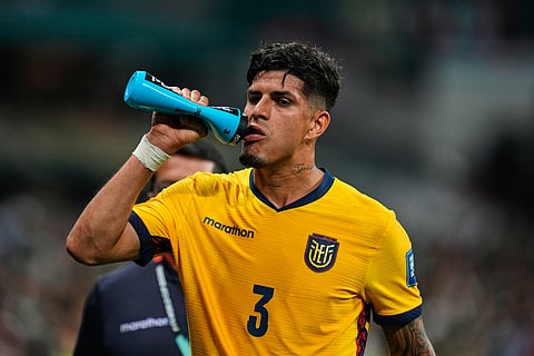 Ecuador's Piero Hincapie leaves the pitch after receiving a red card during the World Cup round of 32 soccer match against Mexico in Mexico City, Tuesday, June 30, 2026.