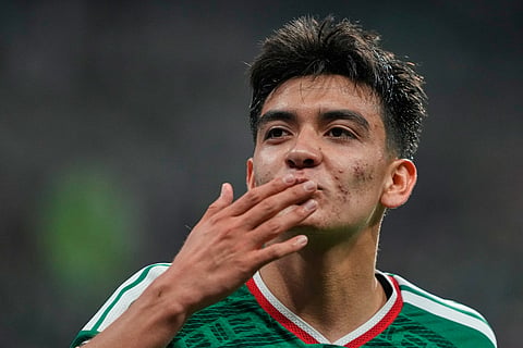 Mexico's Gilberto Mora (19) gestures to fans as he leaves the field during the World Cup round of 32 soccer match between Mexico and Ecuador in Mexico City, Tuesday, June 30, 2026.