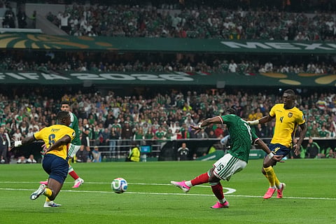 Mexico's Julian Quinones (16) scores his first goalduring the World Cup round of 32 soccer match between Mexico and Ecuador in Mexico City, Tuesday, June 30, 2026.
