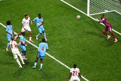 England's Harry Kane (9) scores during the World Cup round of 32 soccer match between England and Congo in Atlanta
