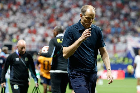 England head coach Thomas Tuchel leaves the field at half time of the World Cup round of 32 soccer match between England and Congo in Atlanta