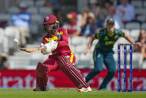 West Indies' Shemaine Campbelle plays a shot during the Women's T20 Cricket World Cup semifinal between Australia and West Indies in London, Tuesday, June 30, 2026.
